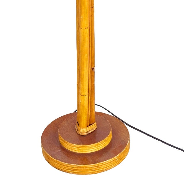 Brown 1950s Mid-Century Modern RestoredThree-Pole Rattan Floor Lamp W/ Mahogany Base For Sale - Image 8 of 9