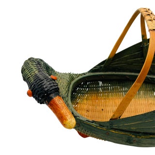 Vintage Split Reed Wicker Duck Swan Handle Basket in the Manner of Mario Lopez Torres For Sale