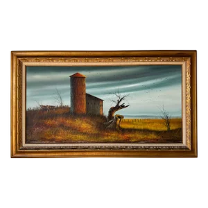 Large - Everett Woodson "Old Barn in a Pasture" Oil on Canvas Painting, Framed
