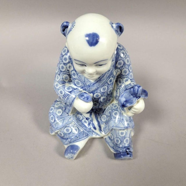 Blue Chinese Blue & White Porcelain Seated Boy Figurine, 1980s For Sale - Image 8 of 9