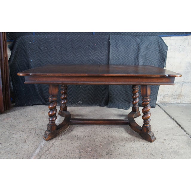 Wood Antique Jacobean Revival Barley Twisted Scissor Leaf Trestle Dining Table For Sale - Image 7 of 14
