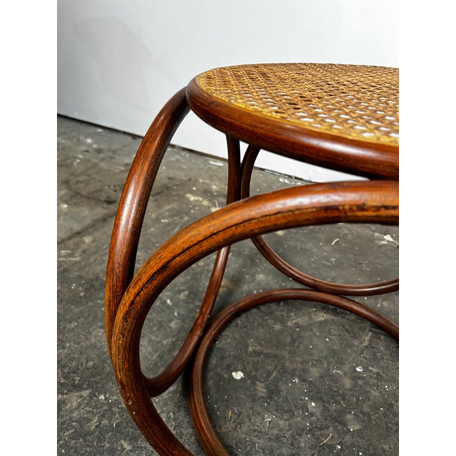 Vintage Thonet Style Bent Wood Cane Side Table Ottomans- A Pair For Sale - Image 12 of 12