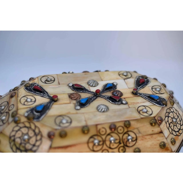 Antique Etched With Henna Bone Trinket Box With Enameled Turquoise For Sale - Image 12 of 13