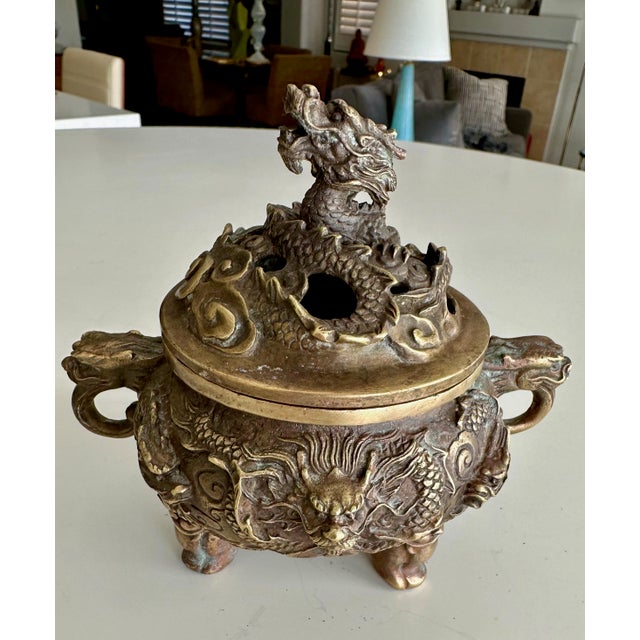 Chinese Antique Chinese Ming-Style Brass Dragon Incense Burner Sculpture For Sale - Image 3 of 17