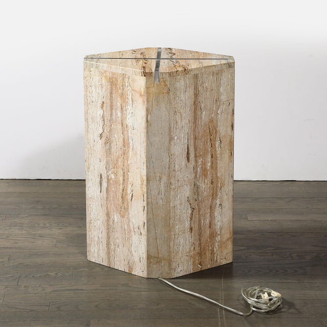 Sophisticated Mid-Century Modernist Crosslight Illuminating Travertine Pedestal For Sale - Image 10 of 14