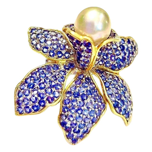 Bochic “Orient” Vintage Blue Sapphire & South Sea Pearl Ring - 18K Gold & Silver For Sale