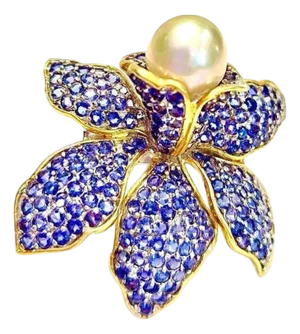 Bochic “Orient” Vintage Blue Sapphire & South Sea Pearl Ring - 18K Gold & Silver