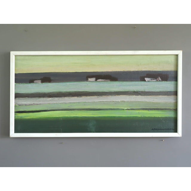 HOUSES ON THE HORIZON Size: 13.4 x 26.4 inches (including frame) Oil on board A soothing modernist painting that depicts a...