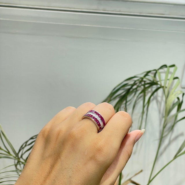 Art Deco Baguette Cut 3.16 Ct Ruby & Diamond Wide Anniversary Band Ring, Size 7 For Sale - Image 10 of 14
