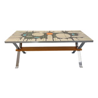 Vintage Coffee Table in Ceramic, Chrome Metal and Wood, 1970s For Sale