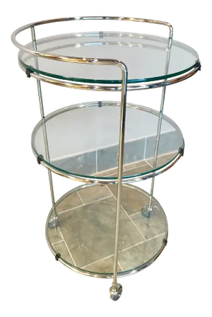 Vintage Bauhaus Round Chrome and Glass Three Tier Rolling Cocktail Bar Serving Cart
