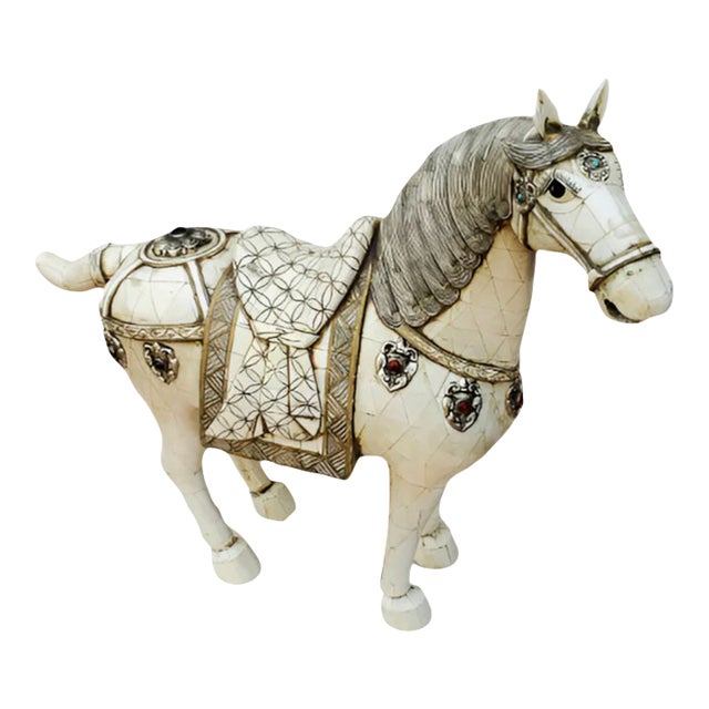 Vintage Tessellated Bone Tile With Sterling and Stone Medallions Horse Statue For Sale