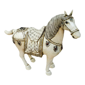 Vintage Tessellated Bone Tile With Sterling and Stone Medallions Horse Statue