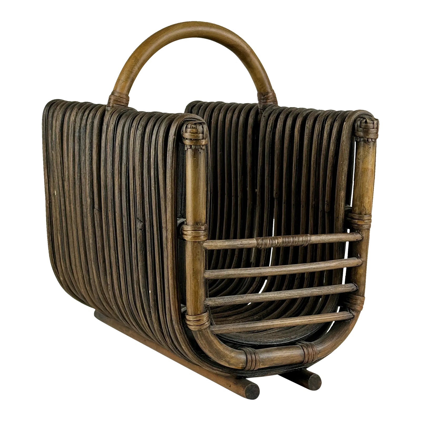 1960s Mid-Century Rattan Magazine Rack in Ebony Finish With Handle ...