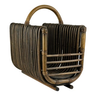 1960s Mid-Century Rattan Magazine Rack in Ebony Finish With Handle For Sale