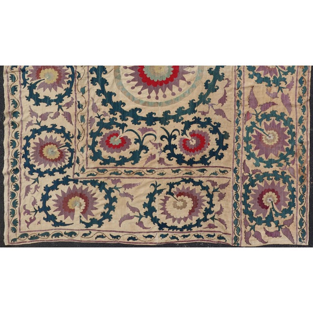 Antique Uzbekistan Suzani Textile With Medallion and Floral Vine Embroidery For Sale - Image 4 of 17