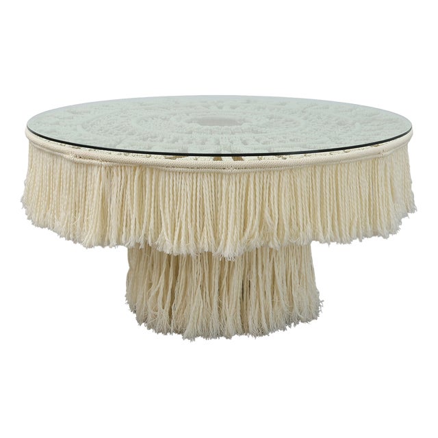 Monumental White Dining Table with Glass Top and Macramé, 1990s For Sale