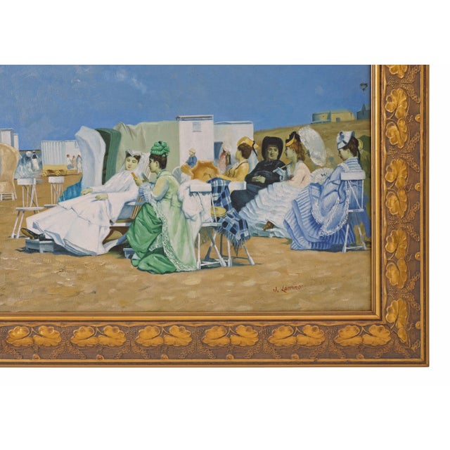 Vintage Decorative Painting Fashionable Ladies at Scheveningen Beach After Dutch Painter Kaemmerer Framed For Sale - Image 4 of 7
