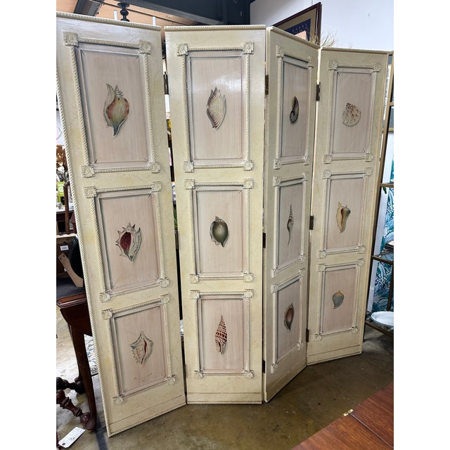 1980s Regency Hand-Painted Four Panel Folding Screens With Shell Motifs - A Pair For Sale - Image 11 of 11