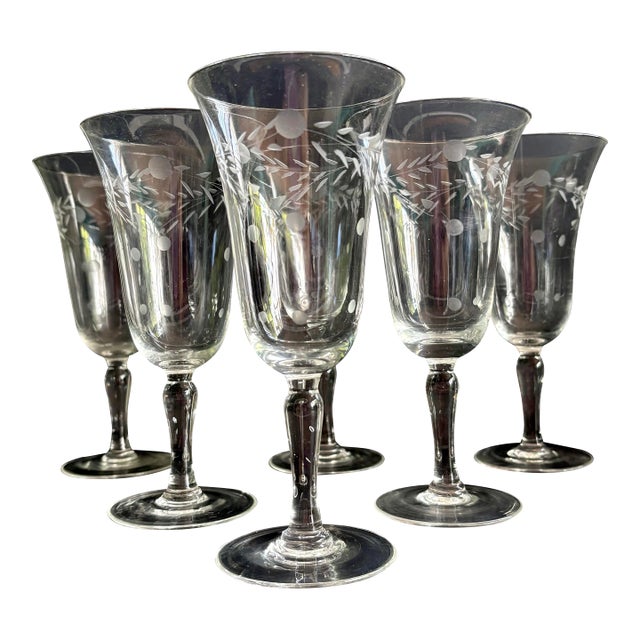 Vintage Willow Moon Water Gobblets, Set of 6 - By Pioneer - Mid Century Etched Tall Wine Champagne Glasses For Sale