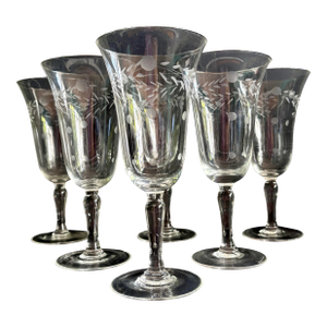 Vintage Willow Moon Water Gobblets, Set of 6 - By Pioneer - Mid Century Etched Tall Wine Champagne Glasses
