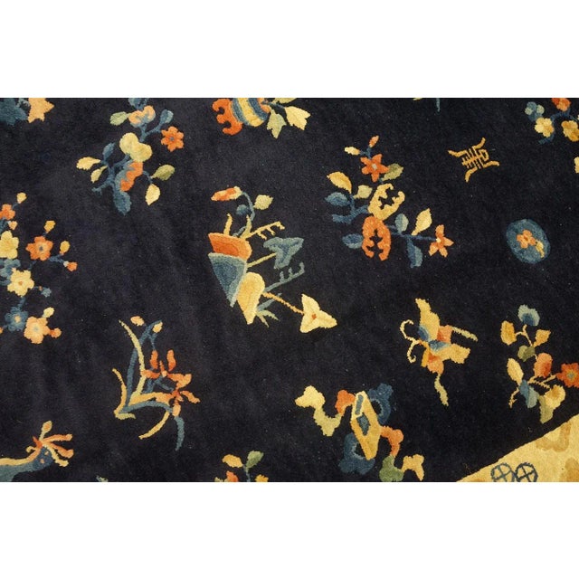 Navy Blue 1920s Blue Navy Floral Classic Antique Chinese Peking Carpet 9'2'' X 11'8'' Knotted Wool Rug For Sale - Image 8 of 9