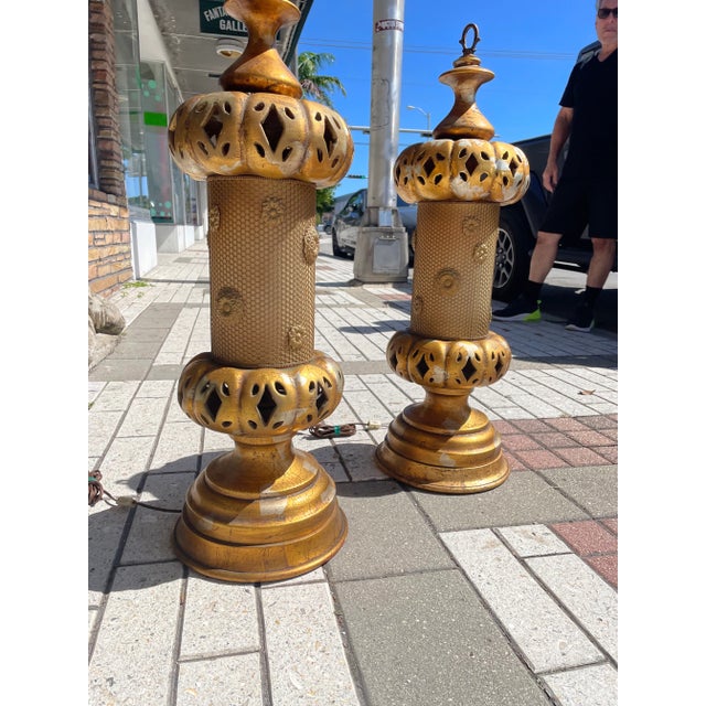 Pair of 1950s Regency Mid-Century Gold Lamps Lanterns For Sale - Image 9 of 11