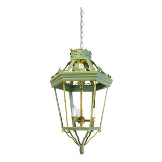 A Vintage “Visual Comfort” Style Iron Celadon Green Chandelier For Sale