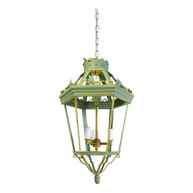A Vintage “Visual Comfort” Style Iron Celadon Green Chandelier For Sale