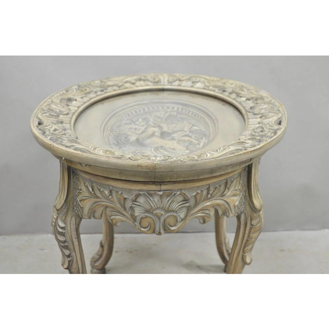 Vintage French Renaissance Walnut Gray Distress Painted Cherub Coffee Table For Sale - Image 15 of 18