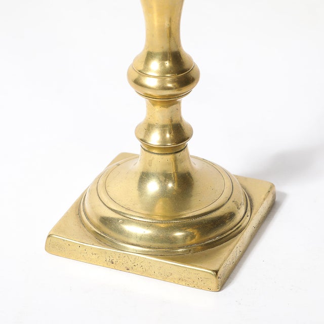 1900 - 1909 Near Pair Neoclassical Balustrade Form Brass Candleholders With Square Bases For Sale - Image 5 of 11