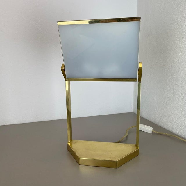 White Vintage Brass Table Light attributed to United Workshops Munich, Germany, 1970s For Sale - Image 8 of 18