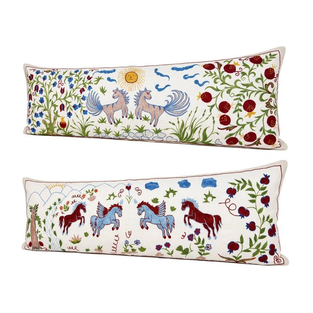 Boho Chic White Horse Suzani Lumbar Pillow Cover 18'' X 54'' - Set of Two For Sale - Image 3 of 4