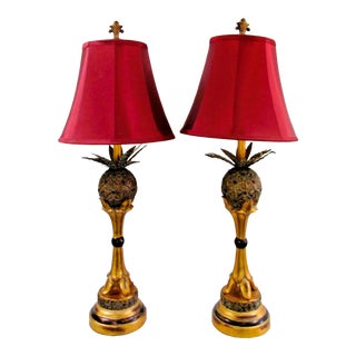 Pair of Vintage Hollywood Regency Gold Jeweled Pineapple Table Lamps For Sale