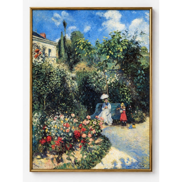 This reproduction art print of Camille Pissarro’s In the Garden of Les Mathurins at Pontoise (1877) depicts a seated woman...