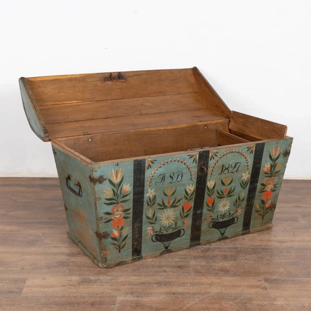 Folk Art Early 19th Century Original Blue Painted Swedish Dome Top Oak Trunk Dated 1827 For Sale - Image 3 of 14