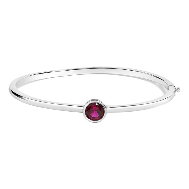 .925 Sterling Silver 7X7MM Created Red Ruby Solitaire Bangle Bracelet - 7 Inches For Sale