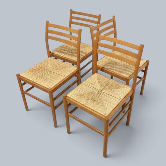 Vintage Italian Bamboo & Oak Dining Table with Beech & Rattan Chairs, 1970s, Set of 5 For Sale - Image 8 of 9