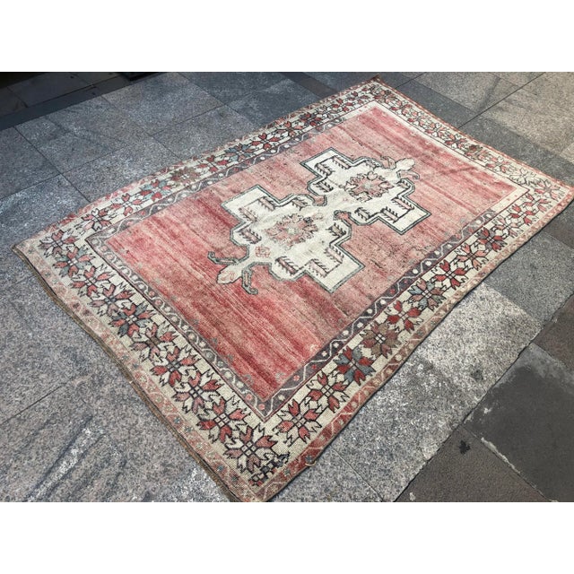 1960s Vintage Tribal Handmade Turkish Faded Rug- 3′8″ × 5′10″ For Sale - Image 6 of 11