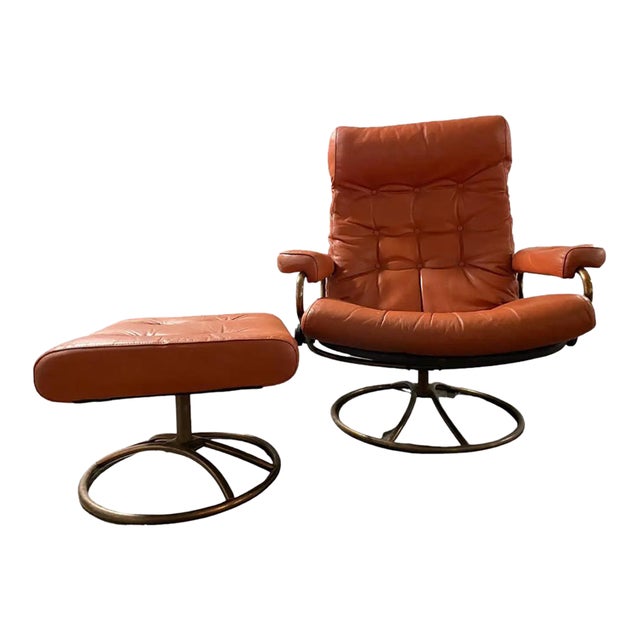 Mid Century Modern Orange Leather Ekornes Stressless Recliner Chair