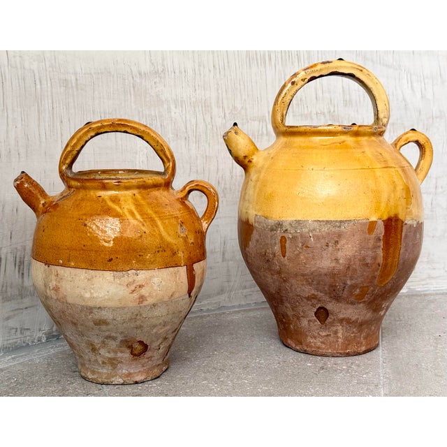 French Provincial French 19th Century Antique Glazed Yellow Confit, Cruche Pot, Gargolette With Top Handle and Spout- A Pair For Sale - Image 3 of 12