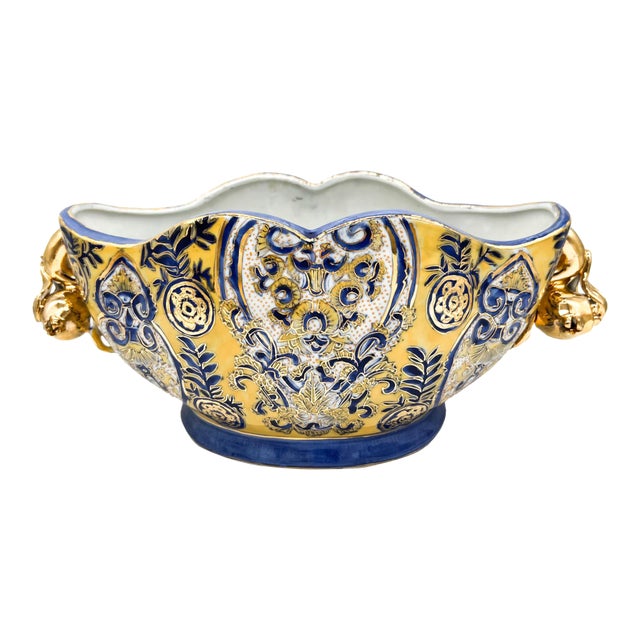 Vintage Italian Majolica Centerpiece Bowl – Hand-Painted Blue, Yellow & Gilt With Pomegranate Handles – Baroque / Mediterranean Revival For Sale