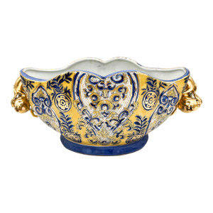 Vintage Italian Majolica Centerpiece Bowl – Hand-Painted Blue, Yellow & Gilt With Pomegranate Handles – Baroque / Mediterranean Revival