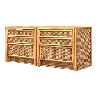 Late 20th Century Vintage Coastal Woven Rattan Nightstands - a Pair For Sale