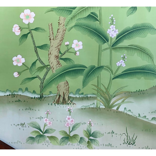 30"*72"/Panel, a Set of 5 Chinoiserie Tropical Forest Birds and Flowers on Emerald Silk Panels For Sale - Image 4 of 10