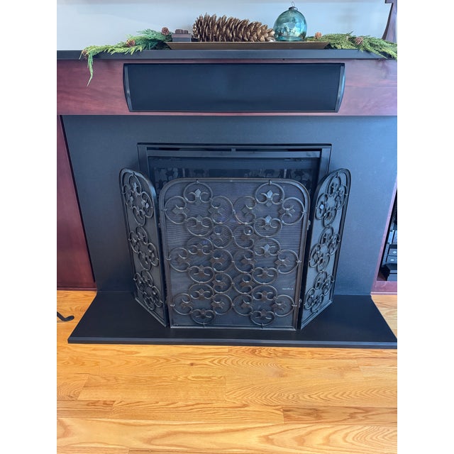 Vintage Spanish Revival Iron Three Panel Folding Fireplace Screen With Matching Vintage Wrought Iron 4 Piece Fireplace Tools With Stand For Sale - Image 10 of 12