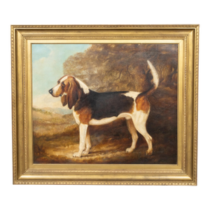 English Oil on Canvas Painting Depicting a Bloodhound Dog, Signed and Dated