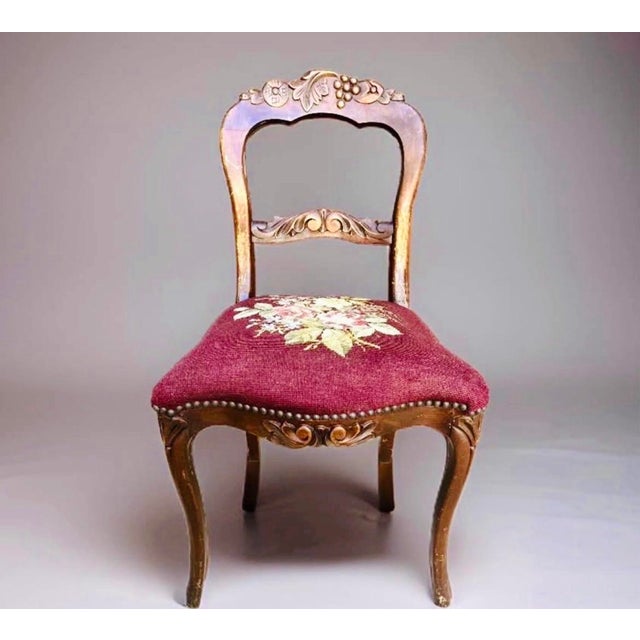 French Provincial 1940-1950’s French Provincial / Country French Carved Needlepoint Mahogany Dining Chair For Sale - Image 3 of 4