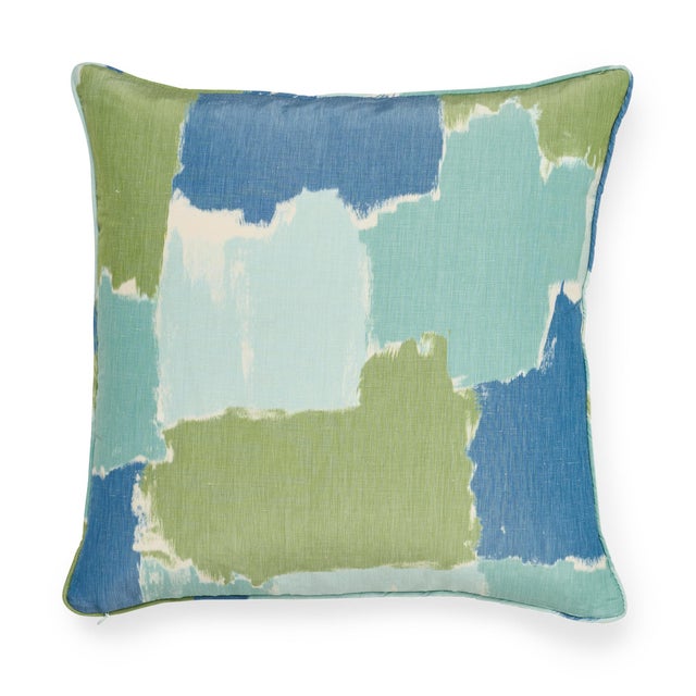This 20" x 20" pillow features Colorblock Ikat in Aqua. A soft, artisanal brushstroke motif gives this exquisite warp...