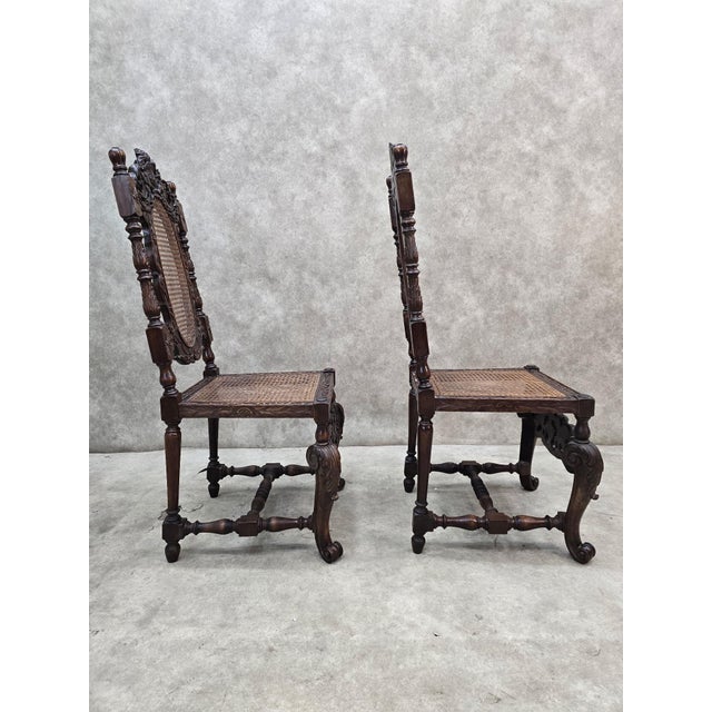 Antique Jacobean Renaissance Revival Carved Oak Cane Throne Chairs - Pair For Sale In Chicago - Image 6 of 12